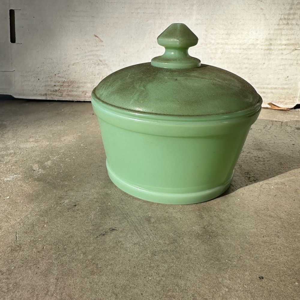 Vintage Green glass Lidded Container 8”
